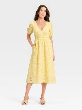 a new day Yellow Eyelet V-Neck Midi Dress